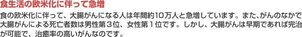 【食生活の欧米化に伴って急増】食の欧米化に伴って、大腸がんになる人は年間約10万人と急増しています。また、がんのなかで大腸がんによる死亡者数は男性第3位、女性第1位です。しかし、大腸がんは早期であれば完治が可能で、治癒率の高いがんなのです。