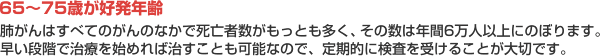 【65〜75歳が好発年齢】肺がんはすべてのがんのなかで死亡者数がもっとも多く、その数は年間6万人以上にのぼります。早い段階で治療を始めれば治すことも可能なので、定期的に検査を受けることが大切です。