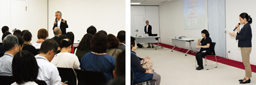 講演する中川先生。講演は手話でも伝えられ、他事業所にライブ配信されました。